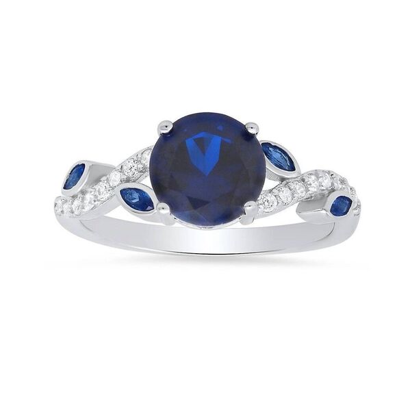 Stunning 2.4 Ct. Lab Created Blue & White Sapphire Gem Floral Accent Ring Sz 8 - Picture 4 of 4
